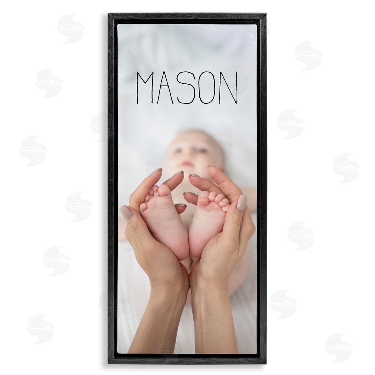Minimalist newborn wall art titled “Mason,” showing a parent holding a baby’s feet, framed in black — modern, sentimental décor for a grateful dining room.