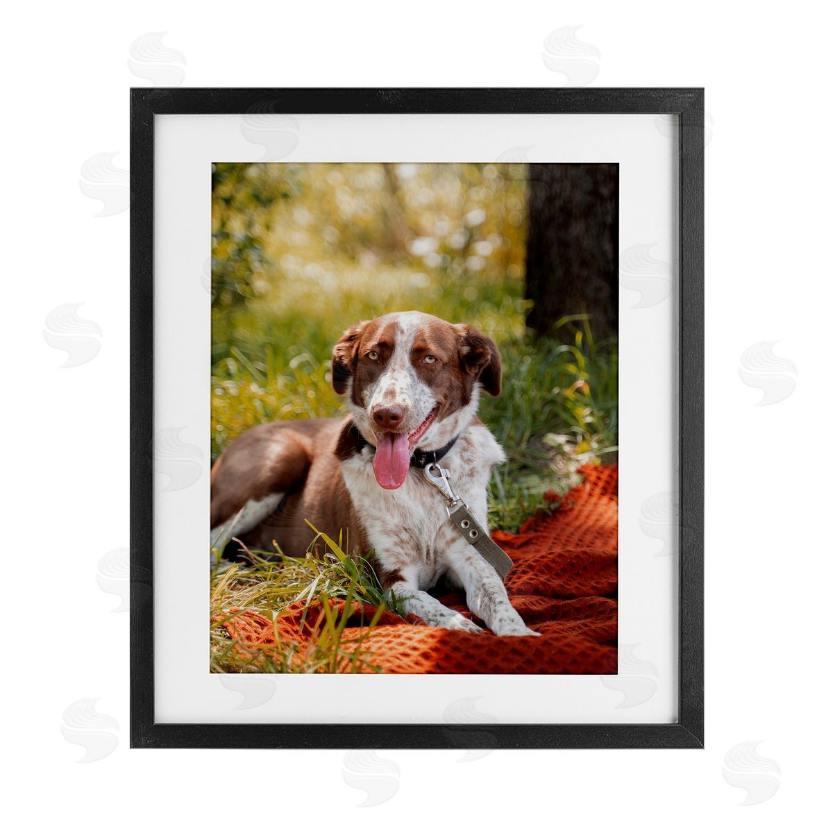 Personalized pet portrait of a brown and white dog on a burnt-orange blanket, framed in black — a joyful addition to a grateful dining room gallery wall.