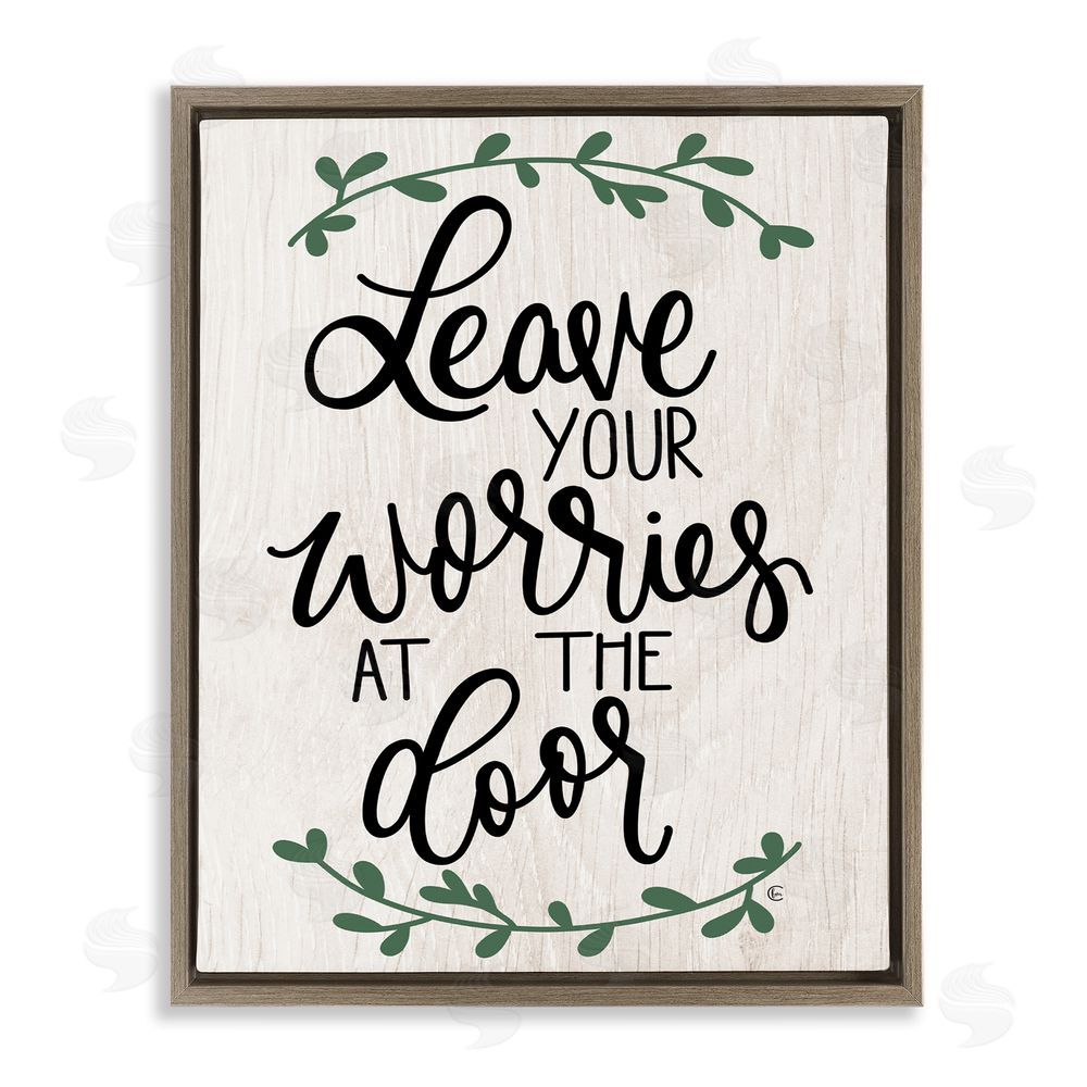 Leave your worries at the door quote with green botanical branches in an elm floating frame.