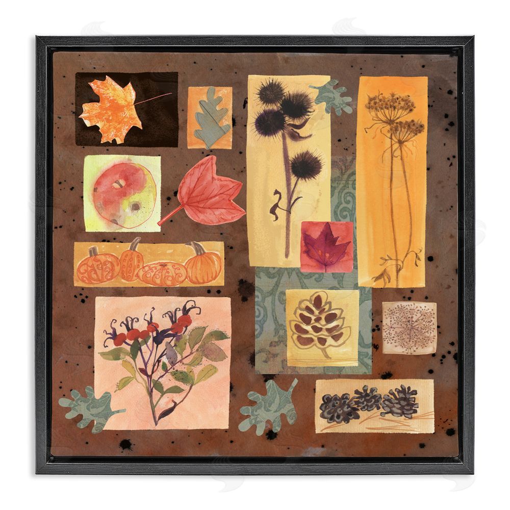 Autumn botanical collage featuring leaves, pumpkins, pinecones, and seed heads in a black floating frame.