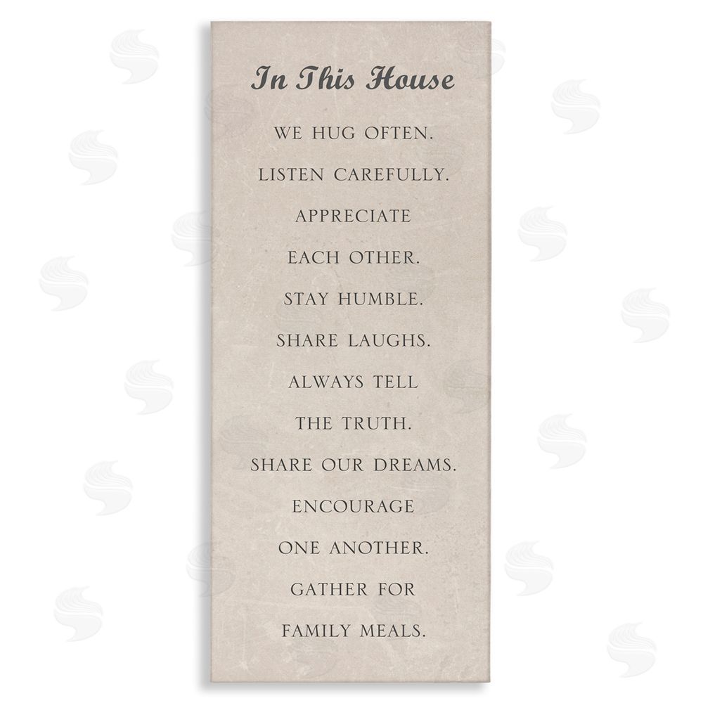Family rules typography artwork featuring phrases about love and life at home on wrapped canvas.