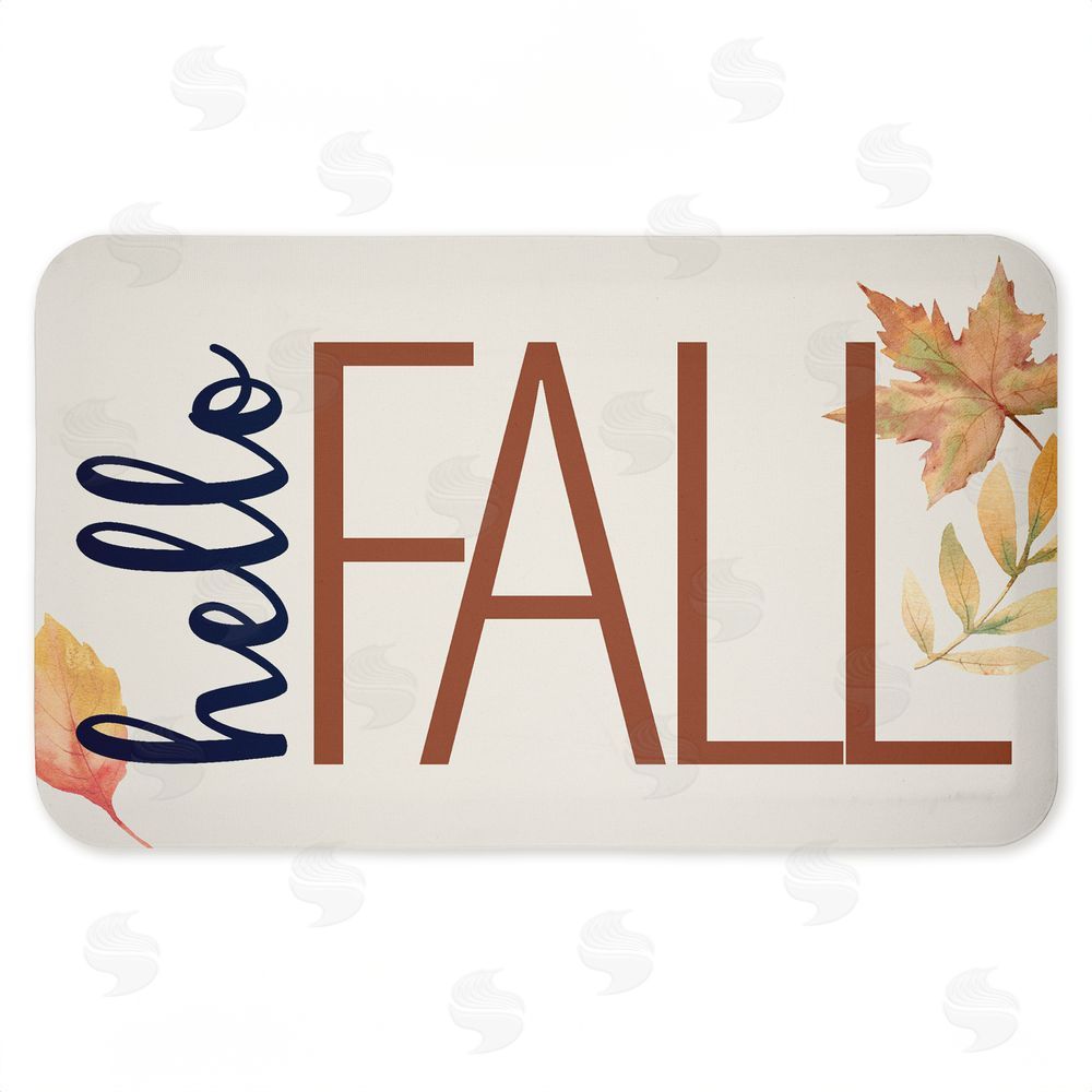 Cream anti-fatigue floor mat with rust-colored Hello Fall lettering and autumn leaves.