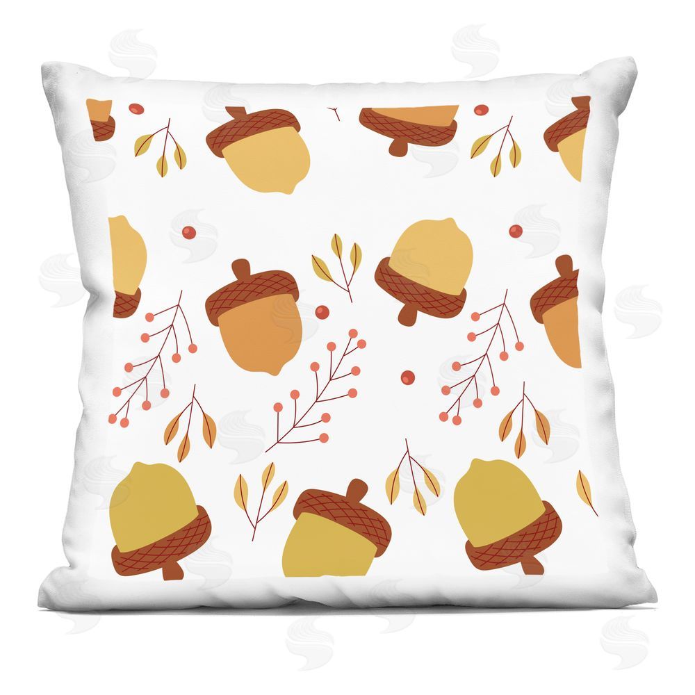 Square white pillow patterned with mustard, orange, and olive acorns, small leaves, and rust-colored branches.