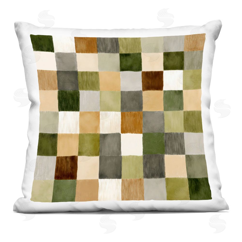 Square indoor pillow with a green and brown checkered patchwork pattern.
